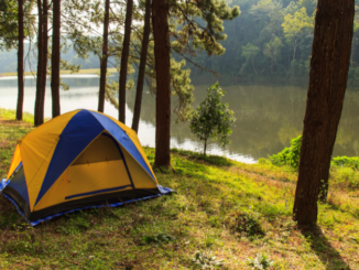 yellow tent by melton hill lake in tennessee