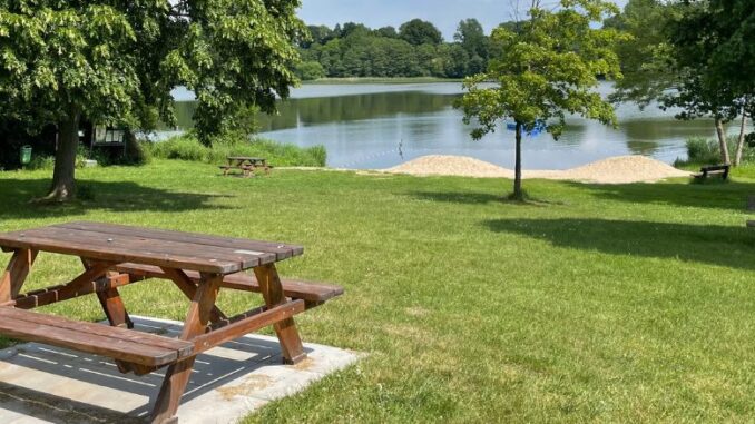 Norris lake water front park with picnic bench on sunny day